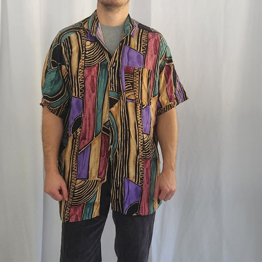 90s Funky Rayon Short Sleeve Button Down Shirt