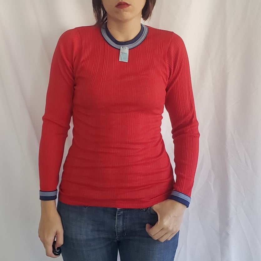 70s Deadstock Red Ribbed Long Sleeve Tee