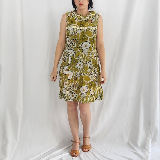 60s Home Made Green and White Flower Piwer Dress