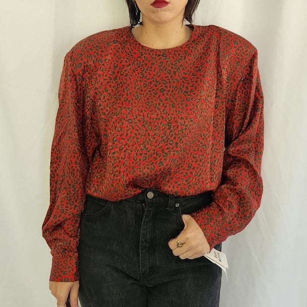 80s/90s Deadstock Red and Brown Cheetah Print Silk Blouse