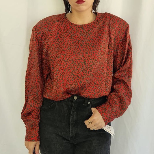 80s/90s Deadstock Red and Brown Cheetah Print Silk Blouse