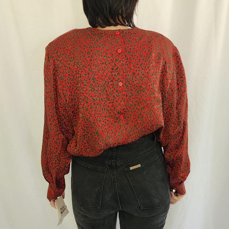 80s/90s Deadstock Red and Brown Cheetah Print Silk Blouse