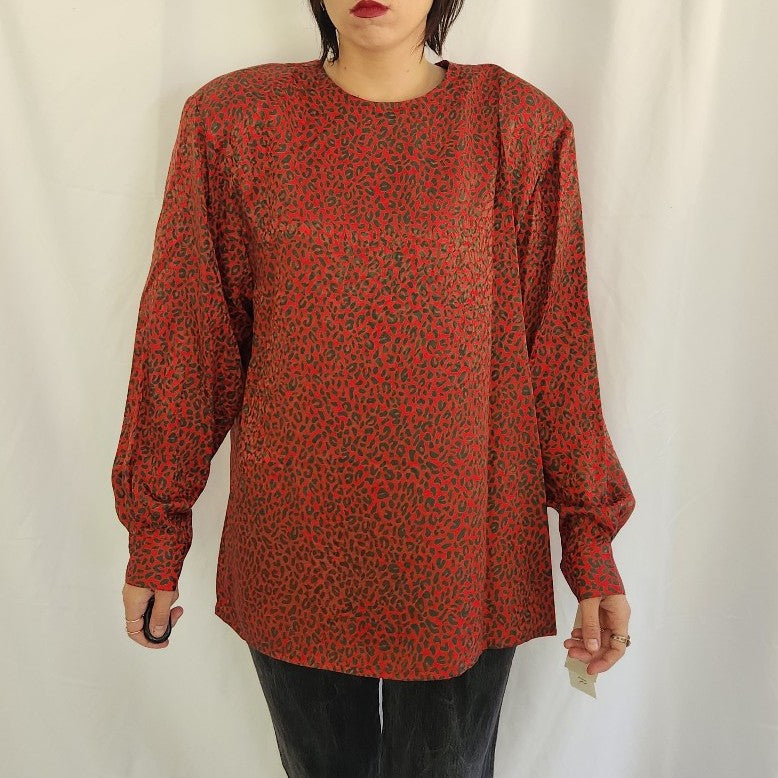 80s/90s Deadstock Red and Brown Cheetah Print Silk Blouse