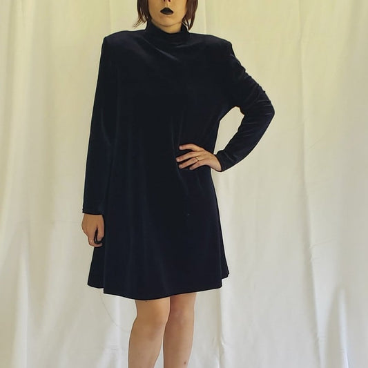 90s Blue Velvet Long Sleeve Turtleneck Dress