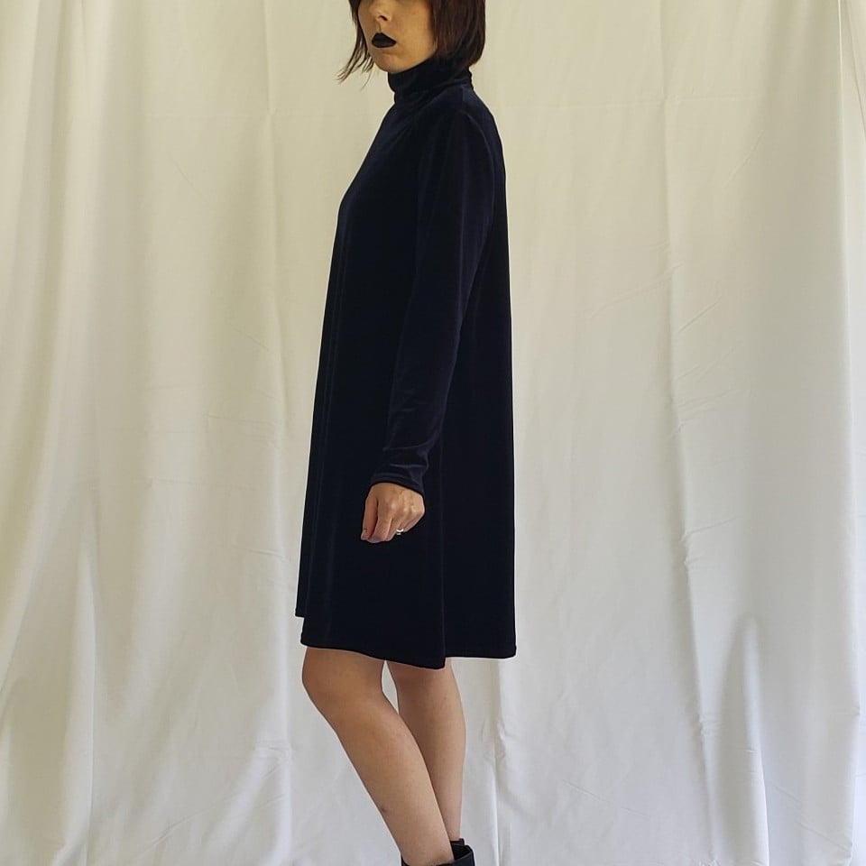 90s Blue Velvet Long Sleeve Turtleneck Dress