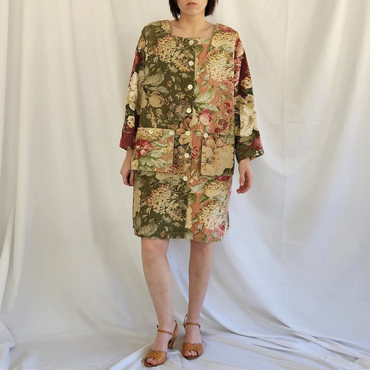90s Green and Pink Floral Oversize Jacket or Dress