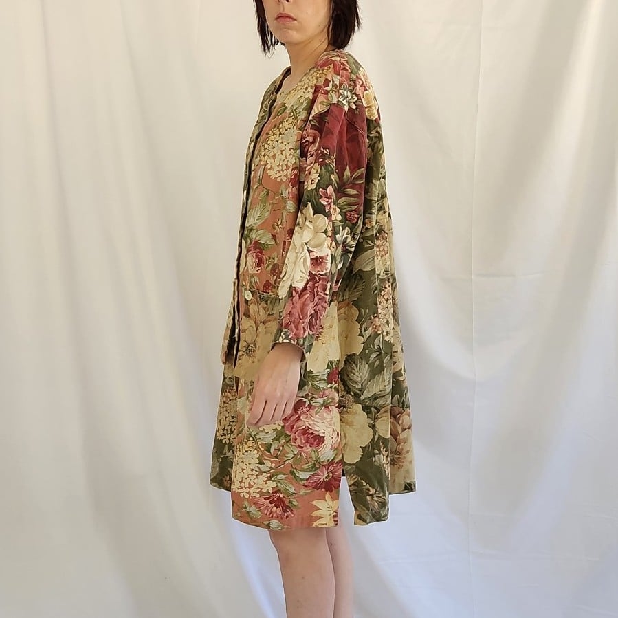 90s Green and Pink Floral Oversize Jacket or Dress