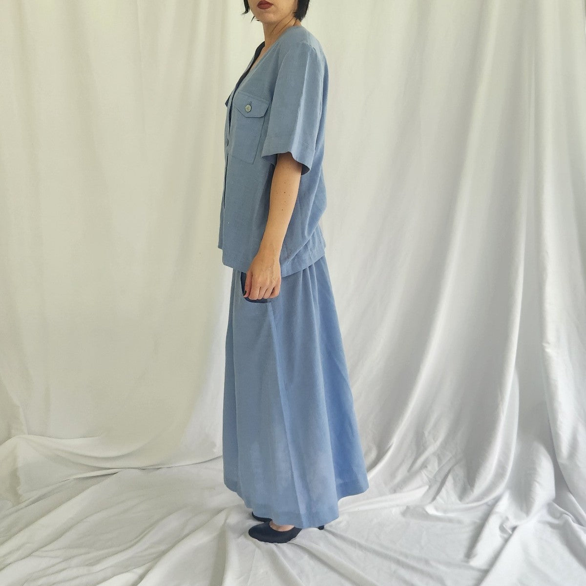 90s Blue Lightweight Button Down and Skirt Set