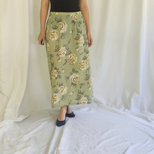 90s/Y2K Green Rose Print Maxi Skirt