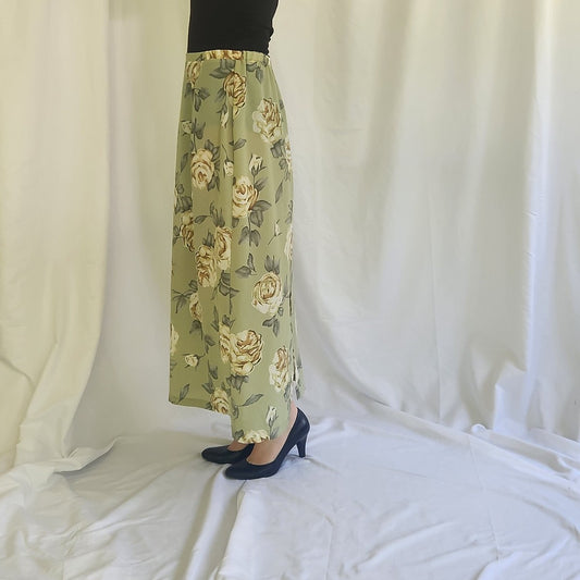 90s/Y2K Green Rose Print Maxi Skirt