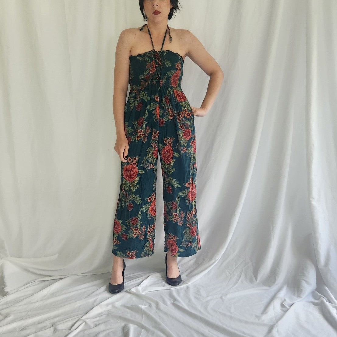 90s Green Floral Rayon Jumpsuit