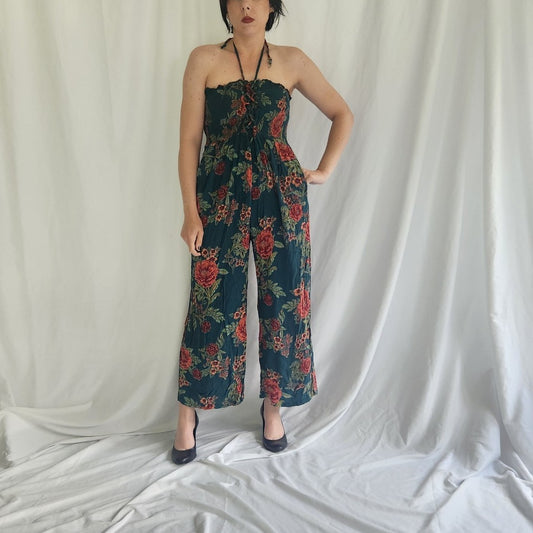 90s Green Floral Rayon Jumpsuit
