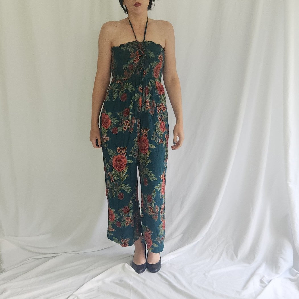 90s Green Floral Rayon Jumpsuit