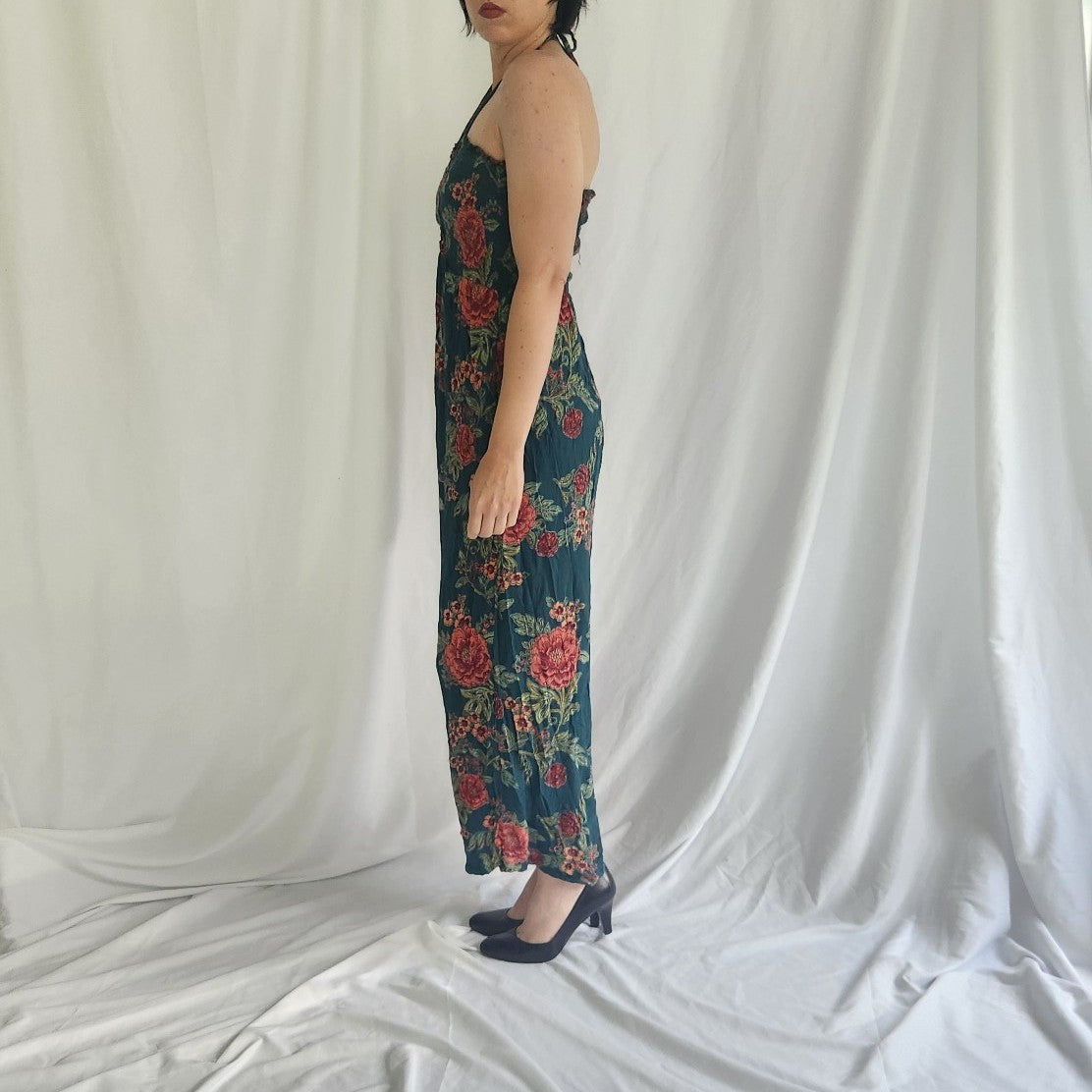 90s Green Floral Rayon Jumpsuit