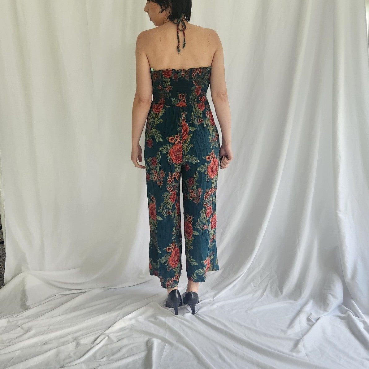 90s Green Floral Rayon Jumpsuit