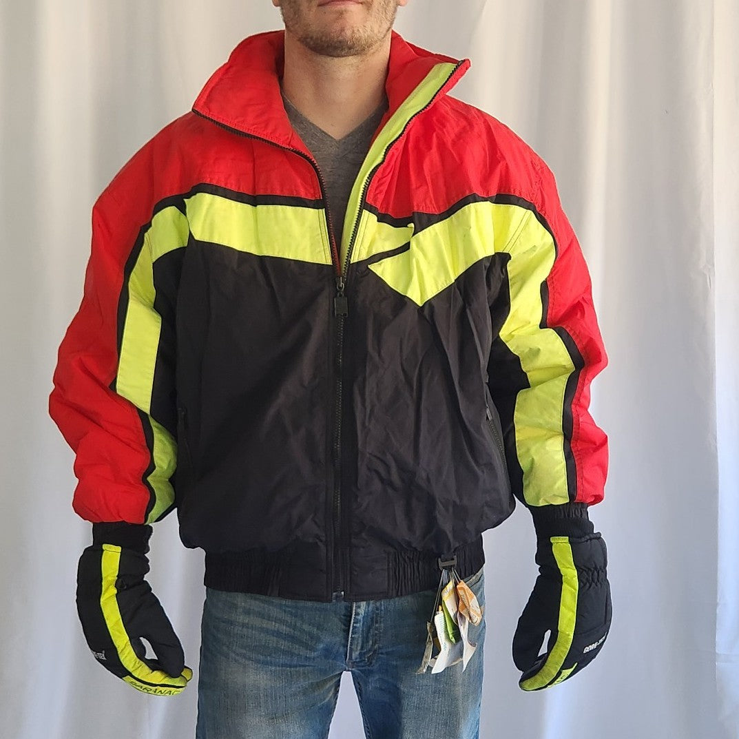 90s Red, Black, and Yellow Ski Jacket and Gloves