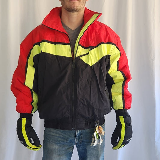 90s Red, Black, and Yellow Ski Jacket and Gloves