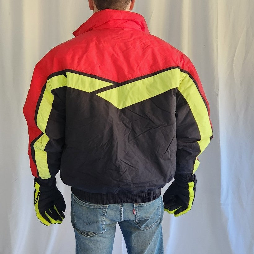 90s Red, Black, and Yellow Ski Jacket and Gloves