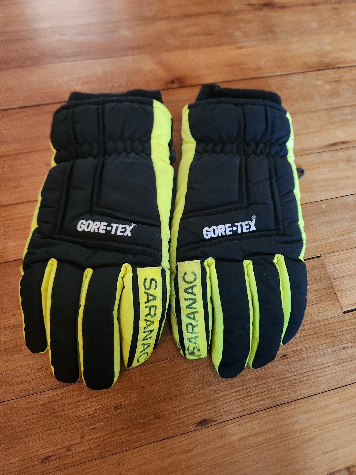 90s Red, Black, and Yellow Ski Jacket and Gloves