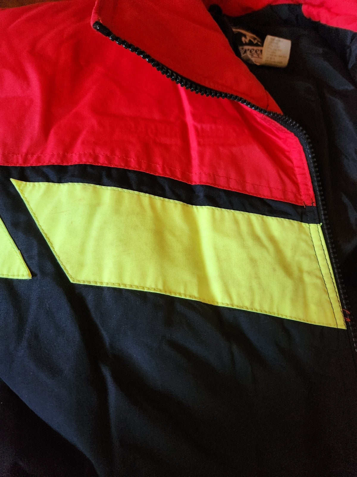 90s Red, Black, and Yellow Ski Jacket and Gloves