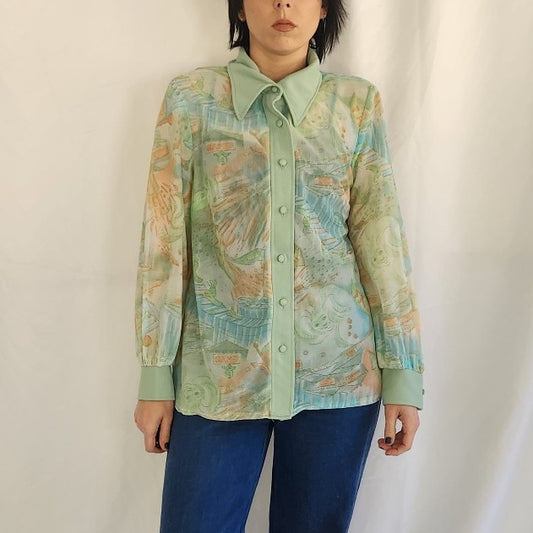 70s Green and Peach Carnival Theme Novelty Print Dagger Collar Shirt