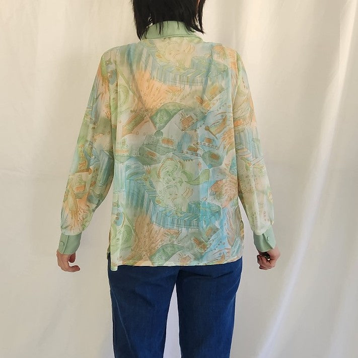 70s Green and Peach Carnival Theme Novelty Print Dagger Collar Shirt