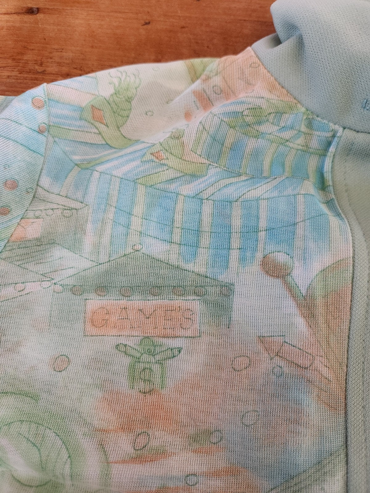 70s Green and Peach Carnival Theme Novelty Print Dagger Collar Shirt
