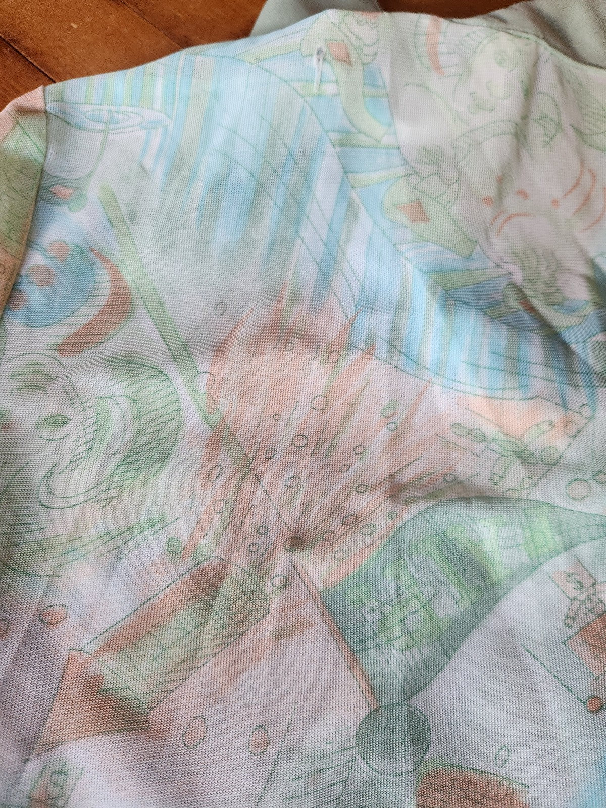70s Green and Peach Carnival Theme Novelty Print Dagger Collar Shirt
