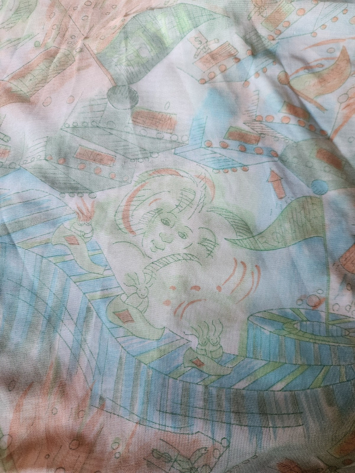 70s Green and Peach Carnival Theme Novelty Print Dagger Collar Shirt