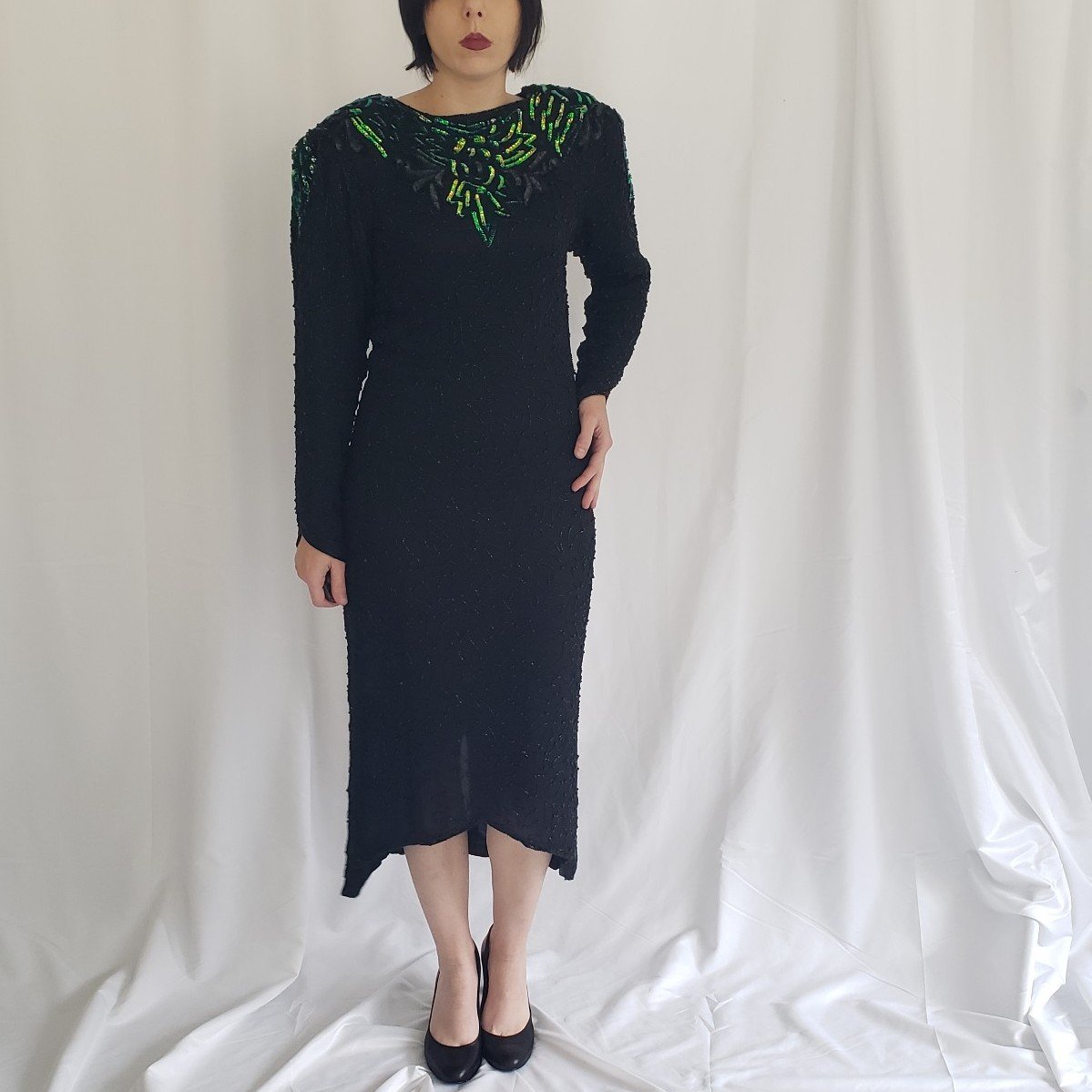80s/90s Black Silk Beaded Dress