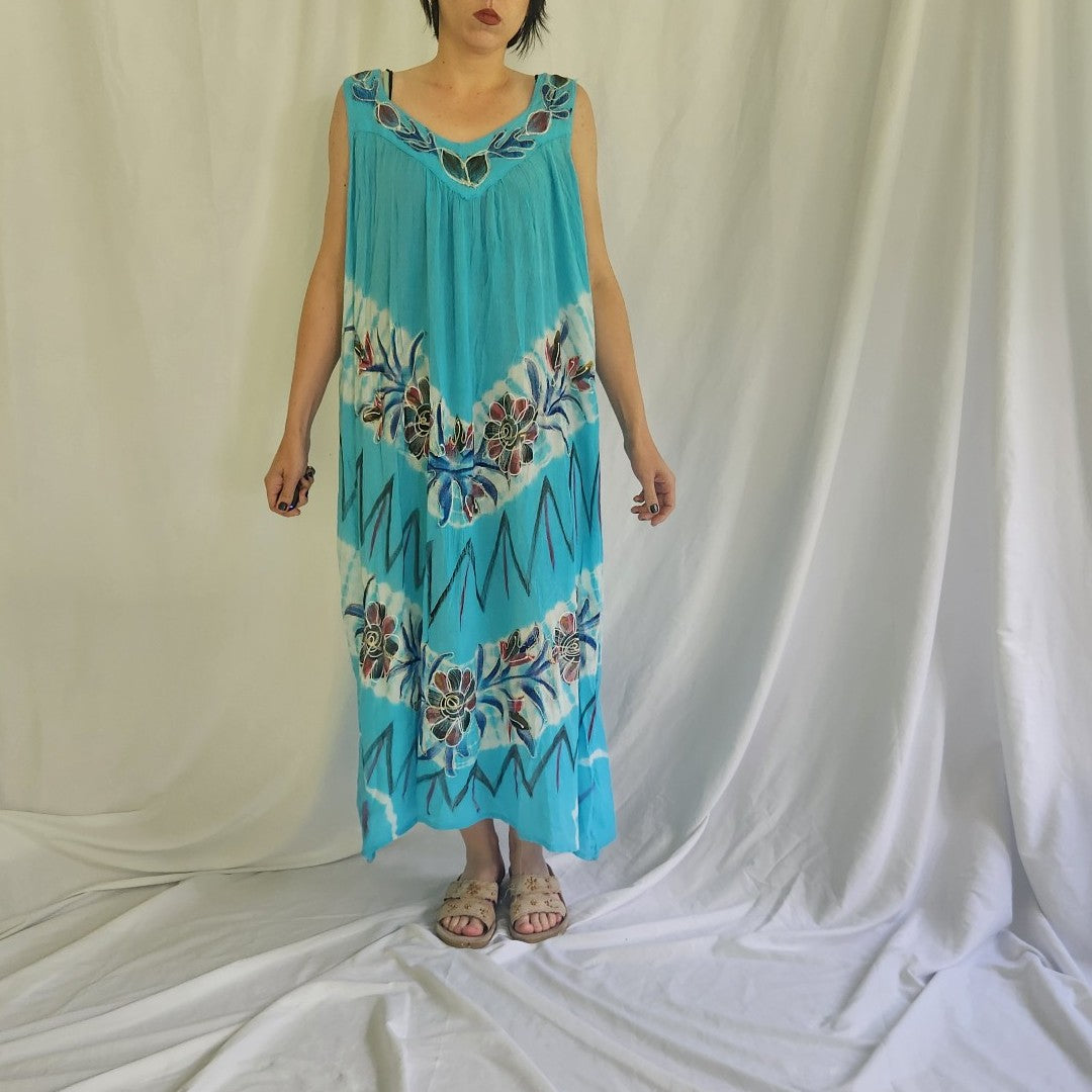 90s Blue and White Floral Tie Dye Sundress
