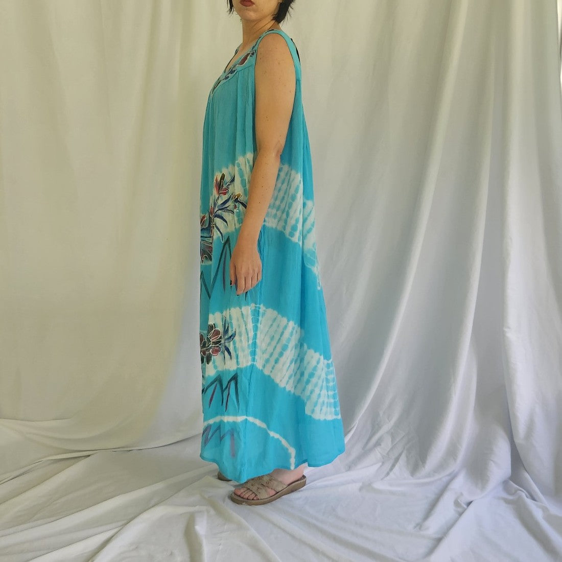 90s Blue and White Floral Tie Dye Sundress