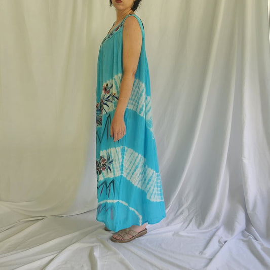 90s Blue and White Floral Tie Dye Sundress