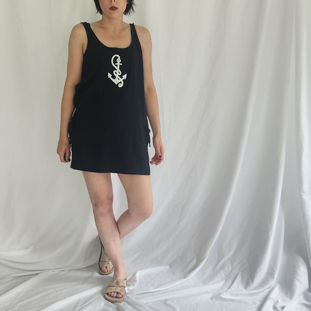 90s Black and White Cotton Swim Cover with Anchor