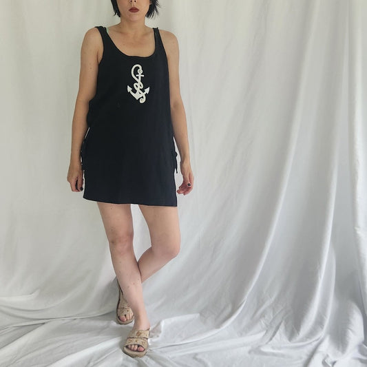 90s Black and White Cotton Swim Cover with Anchor
