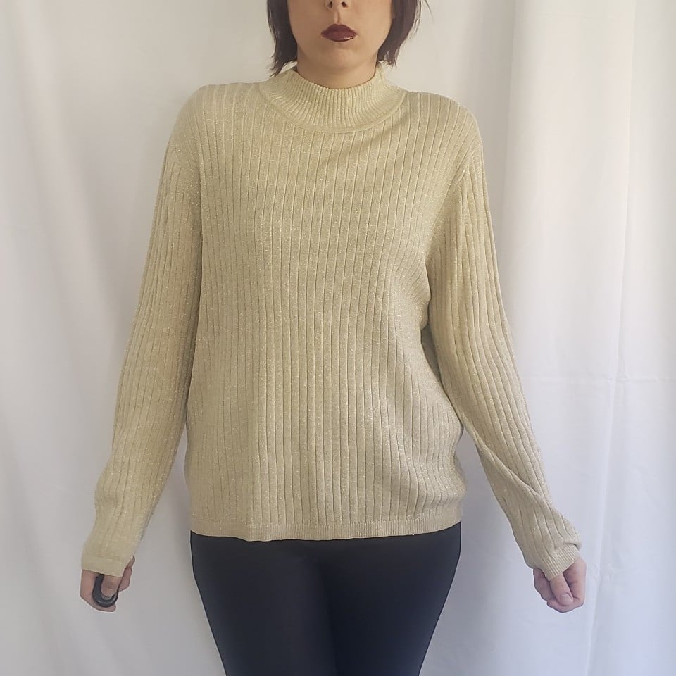 90s Gold Ribbed Silk Mock Turtleneck Top