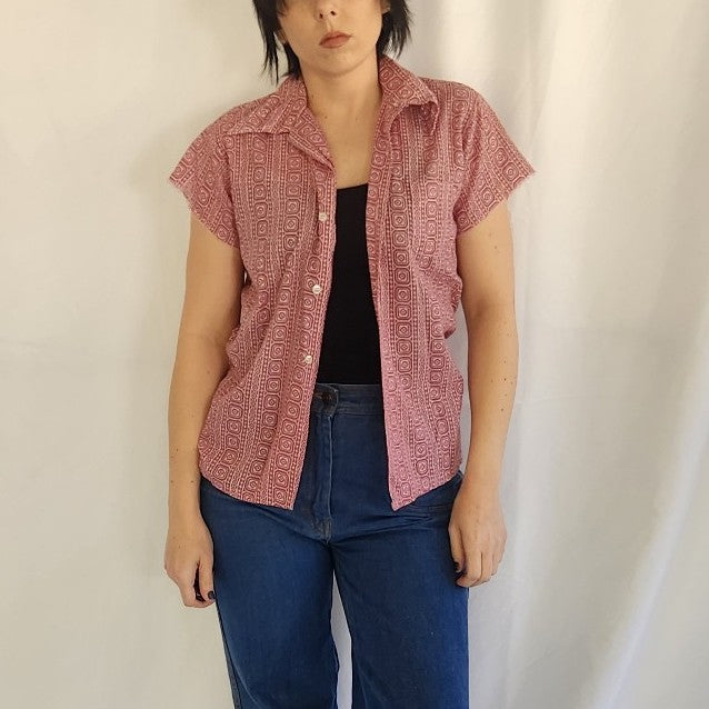 60s/70s Red Geometric Print Short Sleeve Button Down