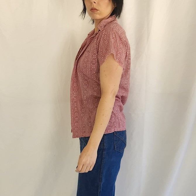 60s/70s Red Geometric Print Short Sleeve Button Down