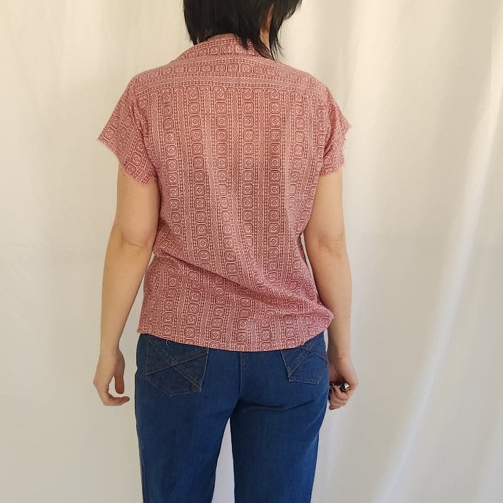 60s/70s Red Geometric Print Short Sleeve Button Down
