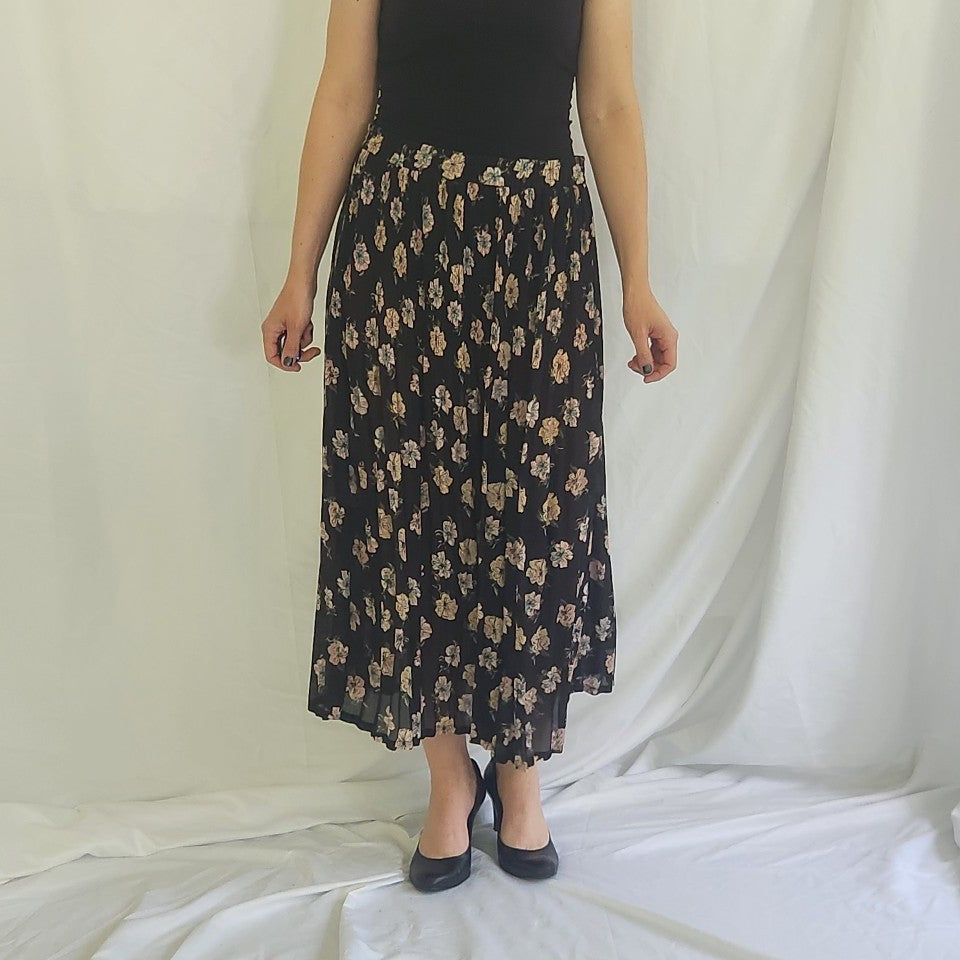 90s Sheer Black and Pink Floral Maxi Skirt