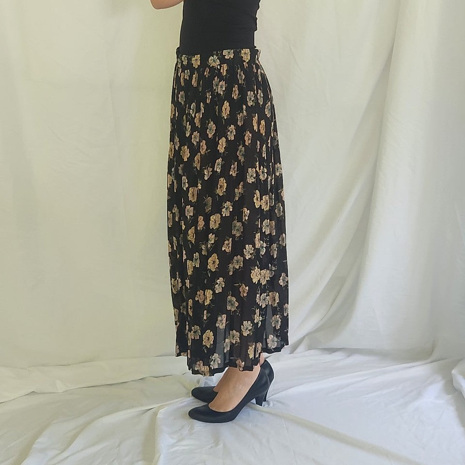 90s Sheer Black and Pink Floral Maxi Skirt