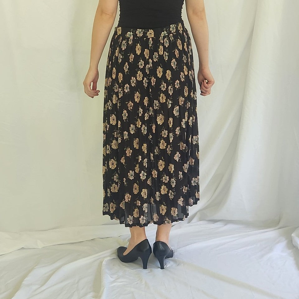 90s Sheer Black and Pink Floral Maxi Skirt