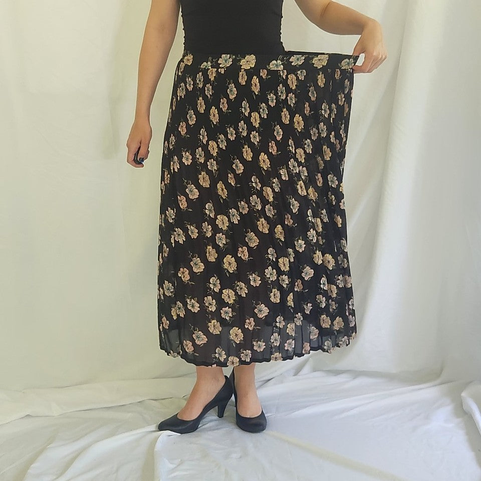 90s Sheer Black and Pink Floral Maxi Skirt