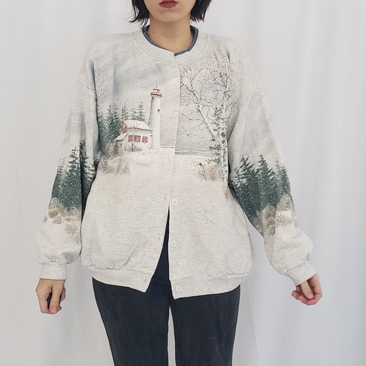 90s Artisan Designs Snowy Lighthouse Sweatshirt Cardigan