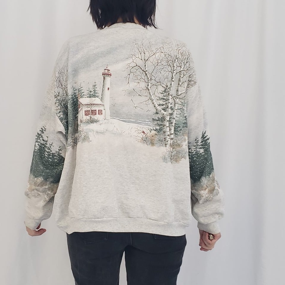 90s Artisan Designs Snowy Lighthouse Sweatshirt Cardigan