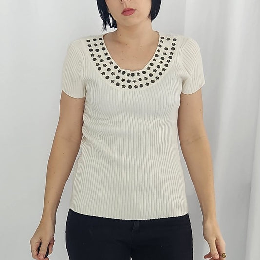 Y2K White Ribbed Blouse