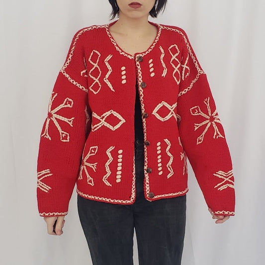 90s Red and White Wool Cardigan