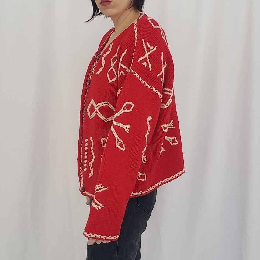 90s Red and White Wool Cardigan