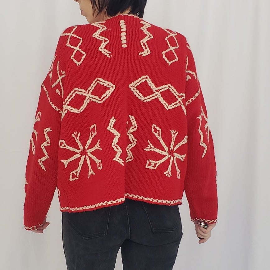 90s Red and White Wool Cardigan