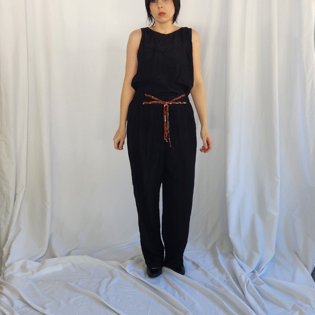 90s Black Rayon Pants and Tops Set